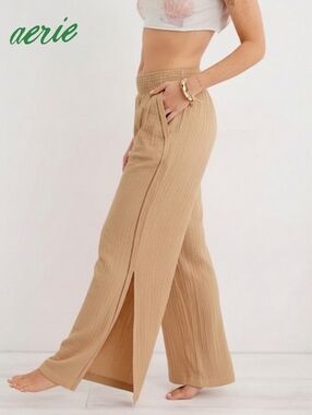 Sz S Aerie 100% Cotton Women's Gauzy High Waisted Wide Leg Pants, Tan